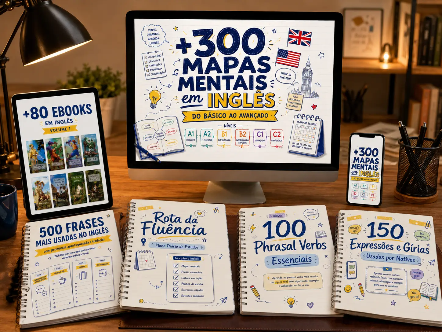 Kit de mapas mentais de inglês exibido em monitor, tablet, celular e cadernos impressos